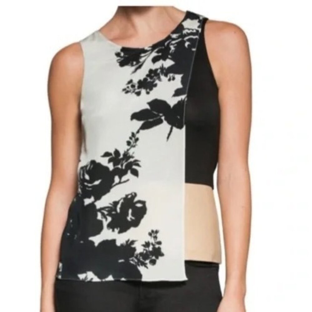 Bailey 44 XS Ivory Black Floral Sleeveless Top Faux Leather Silk Made in USA - Picture 2 of 10